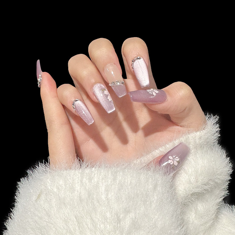 新款手工穿戴甲法式气质猫眼高级感碎钻小花时尚美甲甲片美甲店