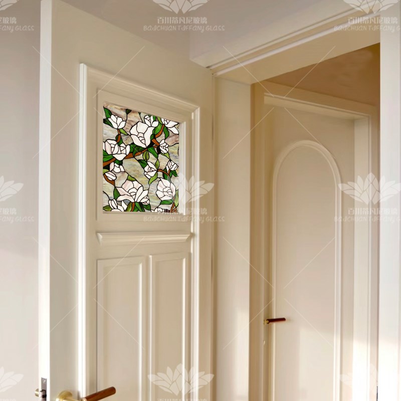 蒂凡尼彩色玻璃木兰花花窗镶嵌焊接透光欧式O复古门洞玄关门芯窗