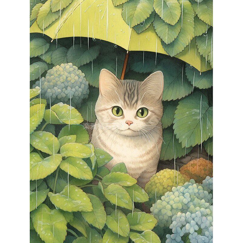 2024新款DIjY全粘贴钻方钻满钻钻石画钻石绣绣球花丛雨伞下的猫咪