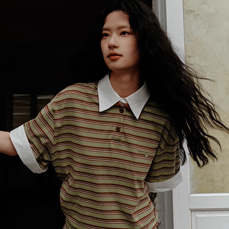 mesosph纯棉假两件宽松条纹T恤韩版polo衫短袖上衣女