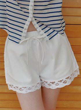 mesosph海盐汽水 蕾丝钩边白色休闲松紧腰短裤女外穿夏2025新款