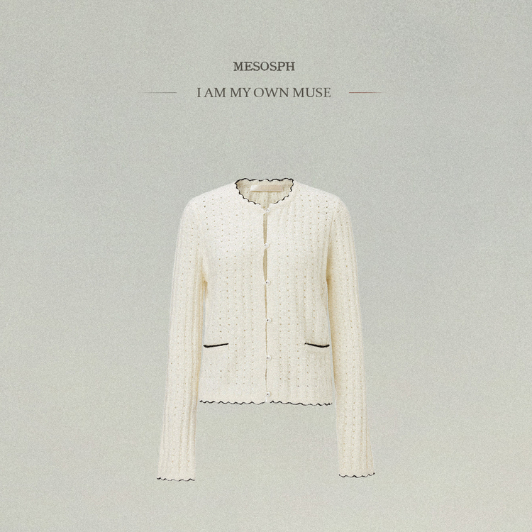 mesosph羊绒混纺镂空方格手工钩花开衫法式毛衣圆领羊毛