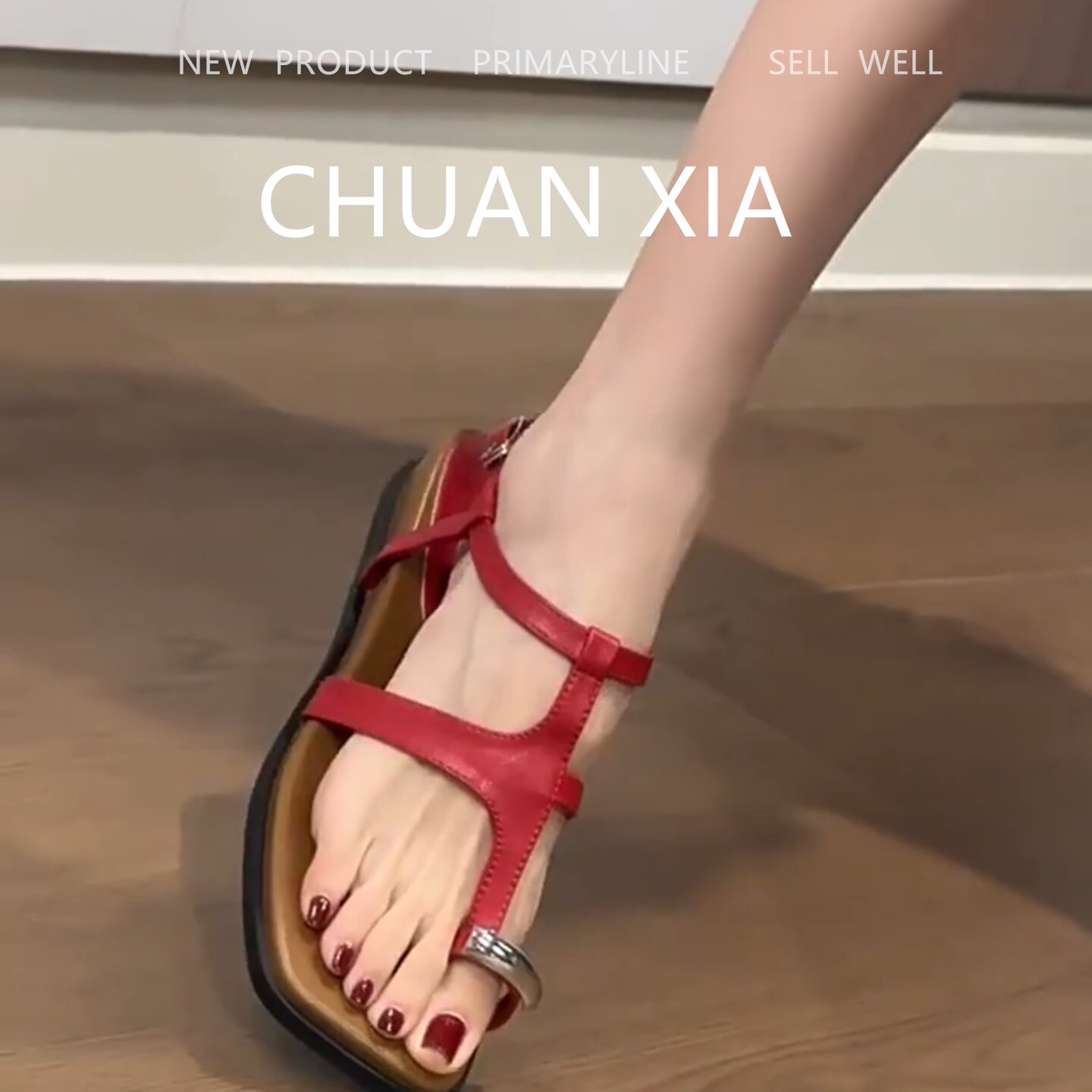 羊皮版！时髦T字带套趾凉拖鞋女红色真皮软底凉鞋通勤坡跟罗马鞋
