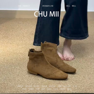 羊皮版~复古绒面内增高马丁靴女方头后拉链瘦瘦靴小众设计感短靴