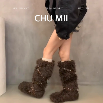 羊皮版~QQ秀厚底毛毛长靴女小众设计感羊羔毛气质不过膝长筒女靴
