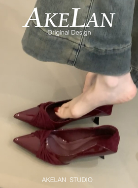 羊皮版~红色复古尖头高跟鞋女褶皱漆皮配裙子浅口单鞋细跟晚晚鞋