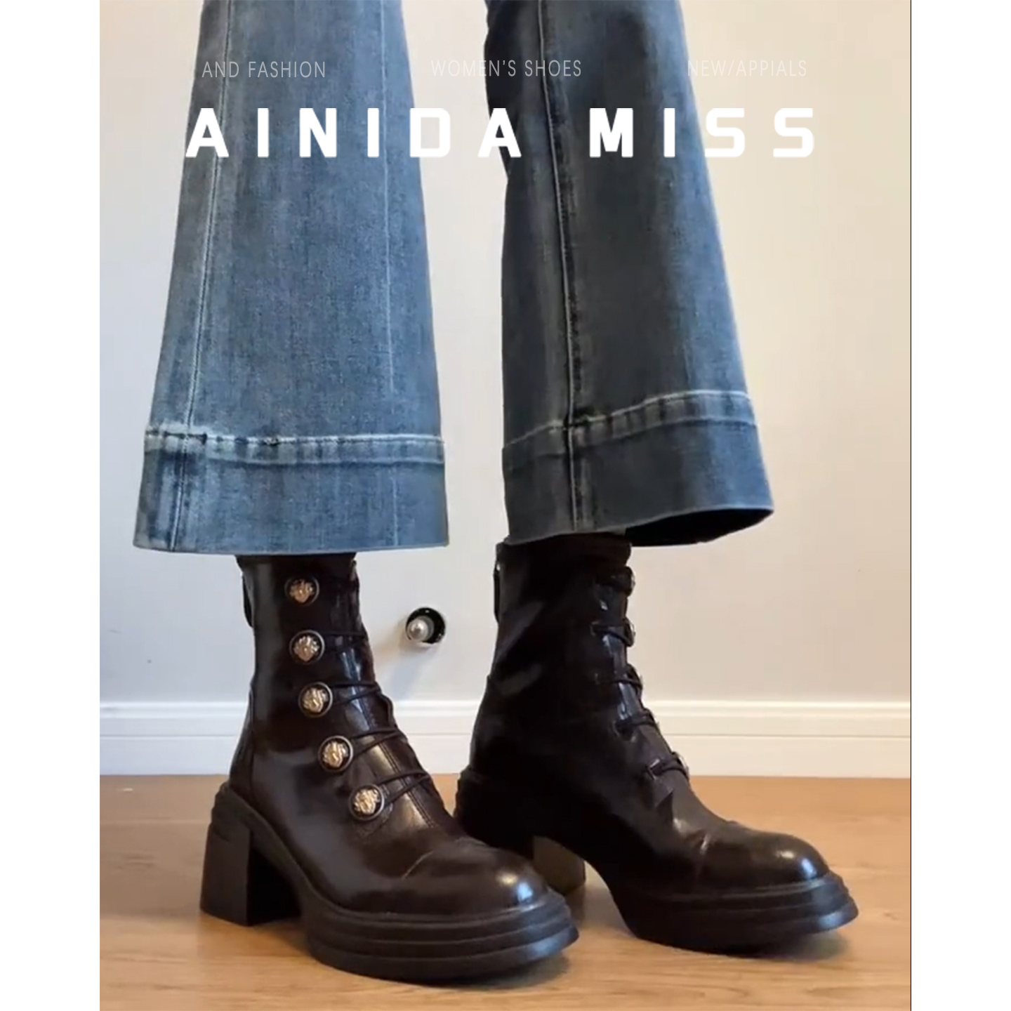 牛皮版~粗跟短筒马丁靴女