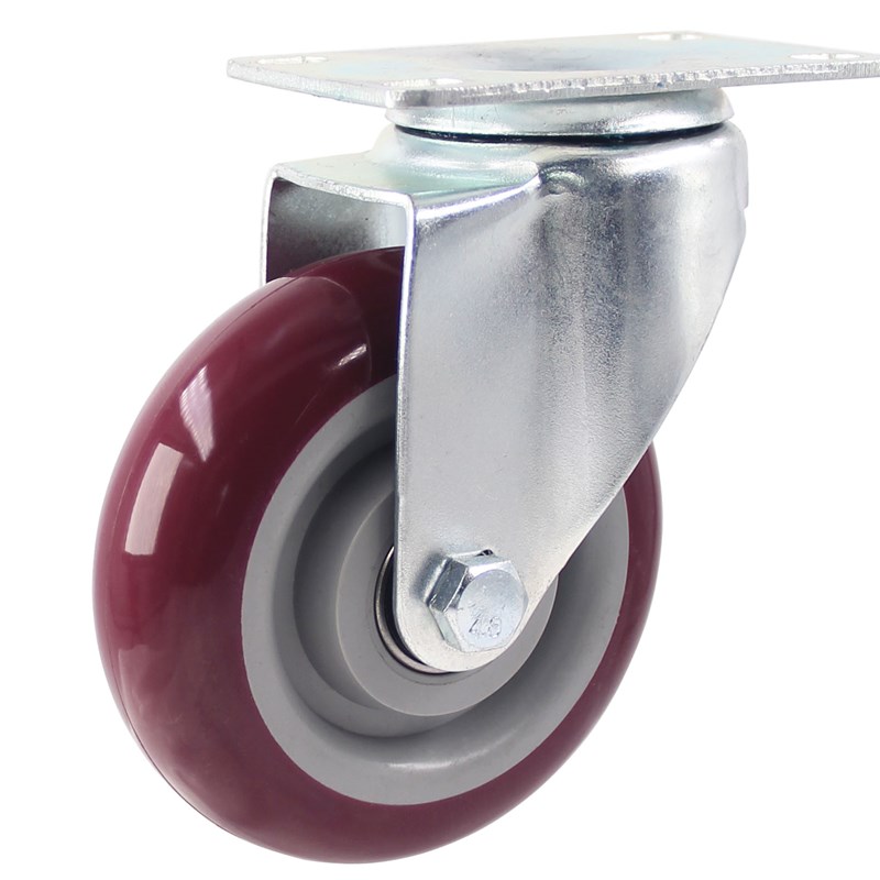 55-75/60-80孔距中型枣红色PU聚氨酯3寸4寸5寸塑料平板手推车脚轮
