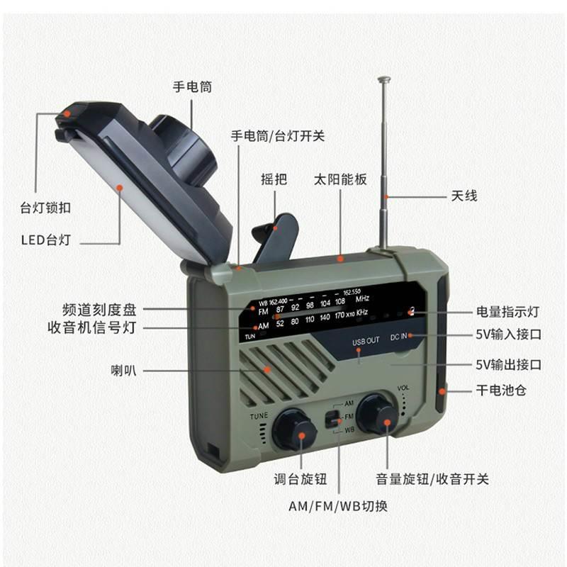 10000毫安多功能防灾应急手摇发电机收音机太阳能充电宝手电筒灯*