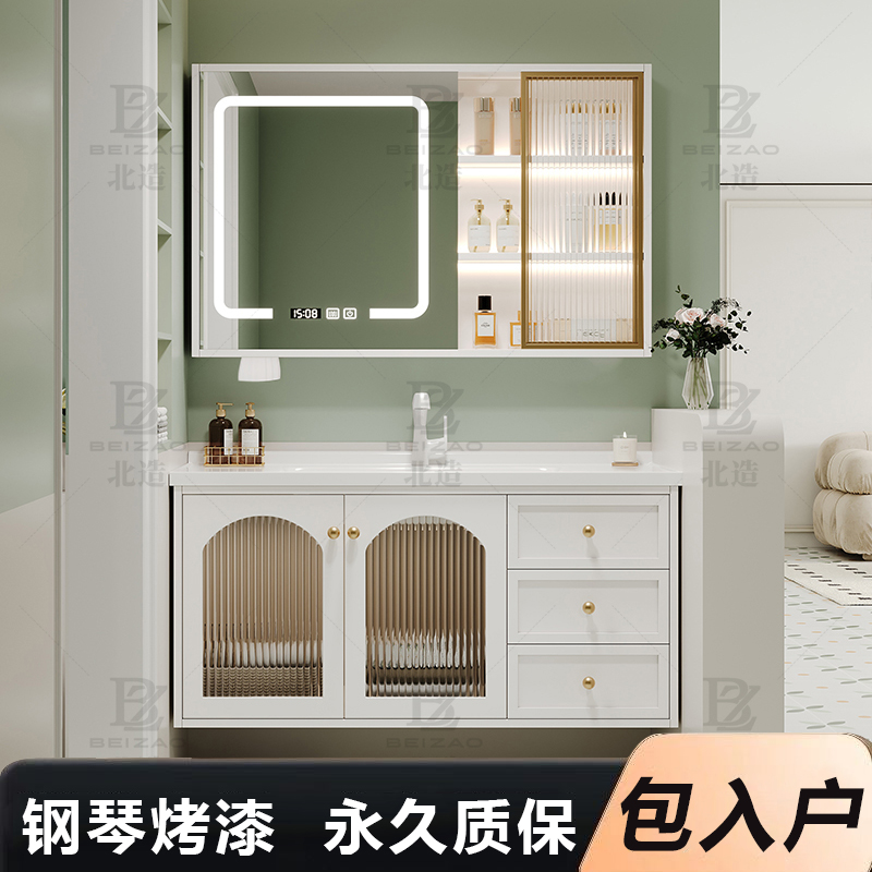 北造法式中古风浴室柜陶瓷一体盆洗漱台橡木洗手盆柜洗脸盆柜组合