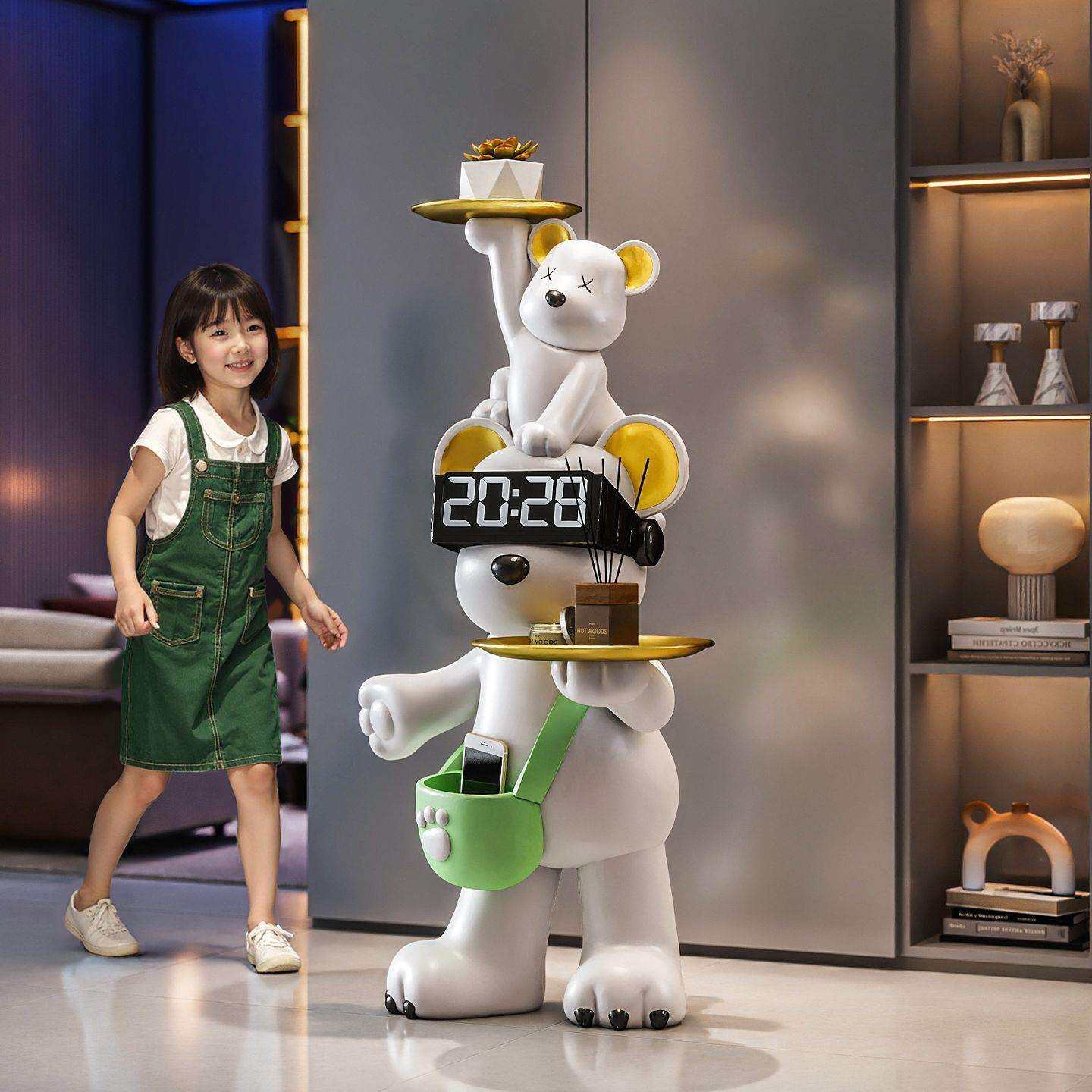 奶油风北极熊客厅大型落地摆件家居闹钟时钟饰品托盘沙发旁置物架