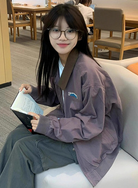 美式紫色棒球服外套女款秋季2025小个子刺绣翻领复古工装夹克上衣