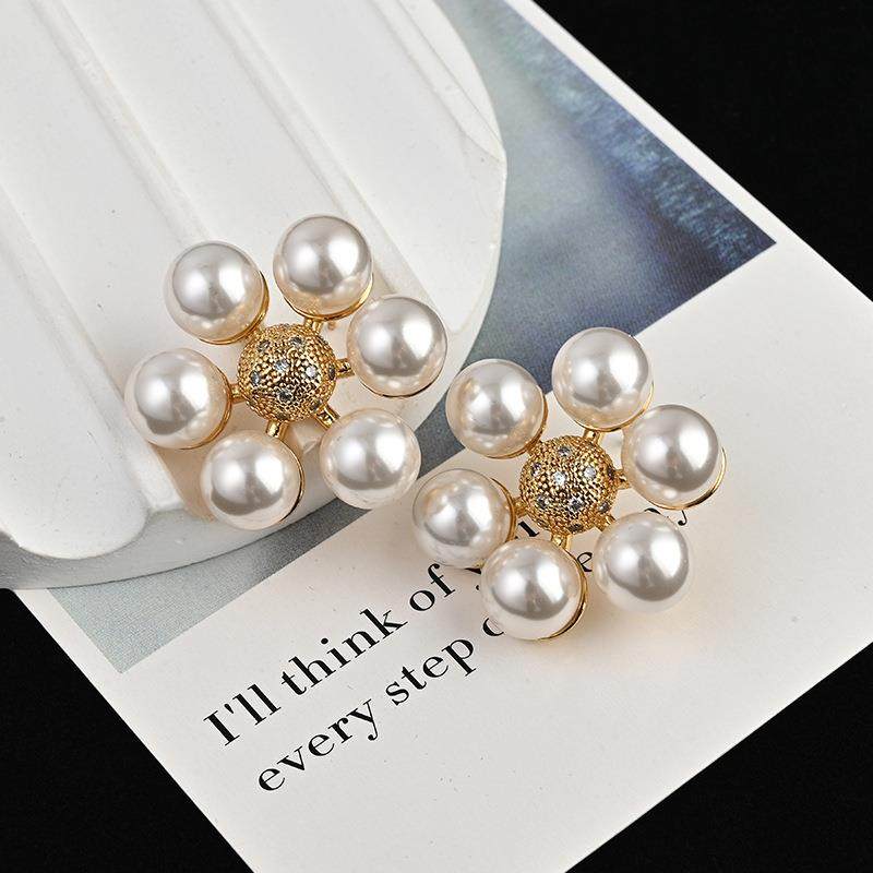 法式优雅复古女珍珠耳环几何花朵闪耀锆石花朵时尚个性珍珠耳环