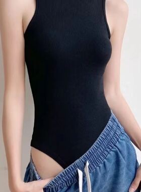 欧美性感半高领连体衣女夏季修身显瘦百搭无袖上衣螺纹背心打底衫