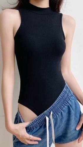 欧美性感半高领连体衣女夏季修身显瘦百搭无袖上衣螺纹背心打底衫