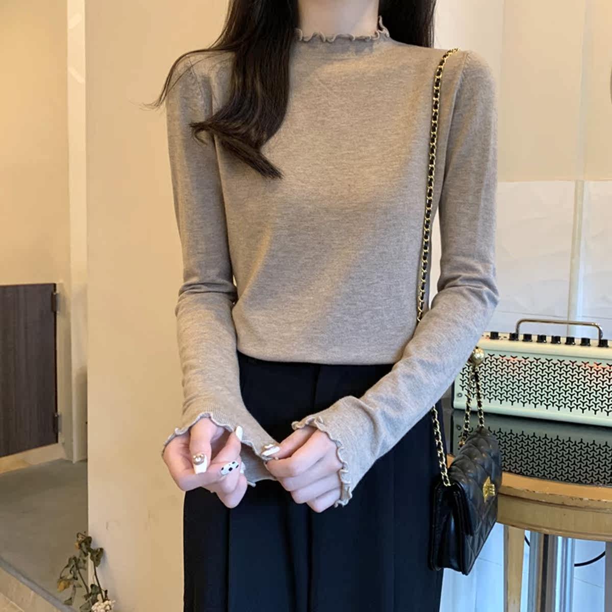 设计感小众半高领针织打底衫女秋冬新款木耳边内搭洋气毛衣上衣潮