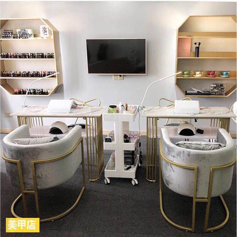 ins北欧大理石网红美甲桌子铁艺单人美甲台美甲店桌椅套装双人桌