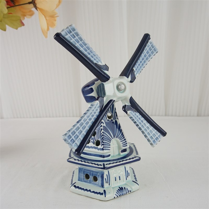 西洋收藏品 荷兰手工制作手绘A陶瓷蓝色风车 复古居家装饰摆件