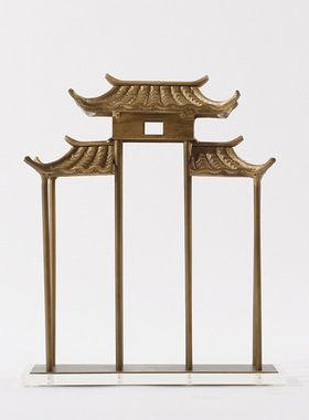 中式庭院大门古典建筑模型怀旧中国E风造型摆件金色铁艺家居工艺