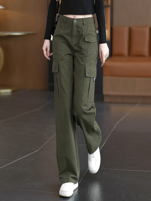高档军绿色工装裤女款春秋新款显瘦高腰美式裤子女士窄版直筒裤