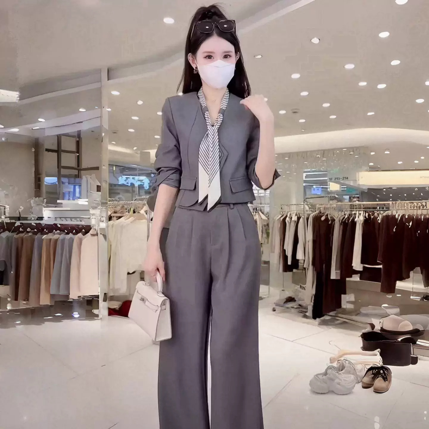 高档女士春秋时尚西服套装减龄气质上下装短西服高腰阔腿裤两件套