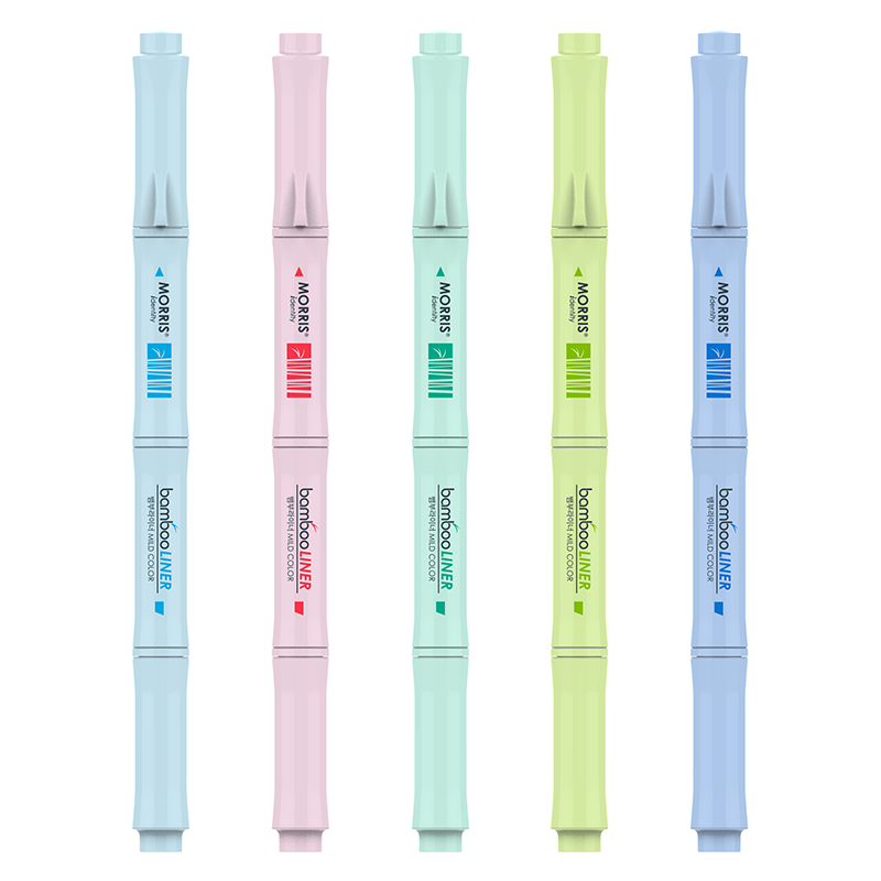 韩国MORRIS bamboo竹子灵感造型双头荧光笔0.4mm细头/3.0mm斜方头三色/六色套装/单支学生白领标记优良
