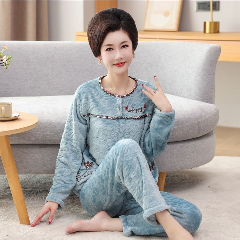 妈妈睡衣女秋冬季法兰绒加厚长袖20D23年新款加大码简约家居服套
