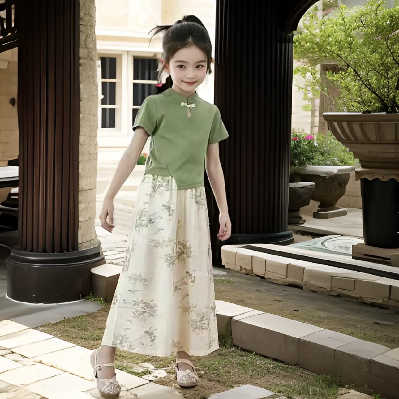 女童夏季中式国风盘扣套装中大童夏款汉服儿童半袖T恤长裤两件套图片