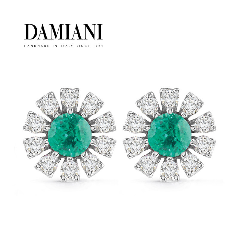 DAMIANI/玳美雅小雏菊系列18K白金宝石钻石耳钉女植物花卉祖母绿