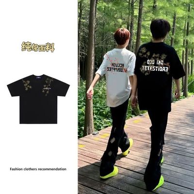 印花图案纯棉夏季美式花卉短袖t恤慵懒风设计感休闲半袖上衣男女