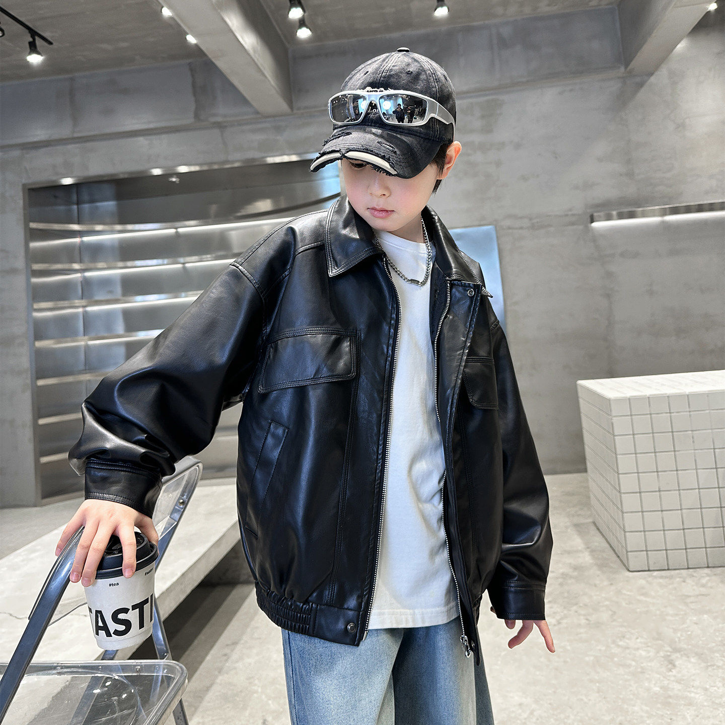 左西风云儿童套装男童春秋款皮衣外套2026新款春装男孩夹克中大童