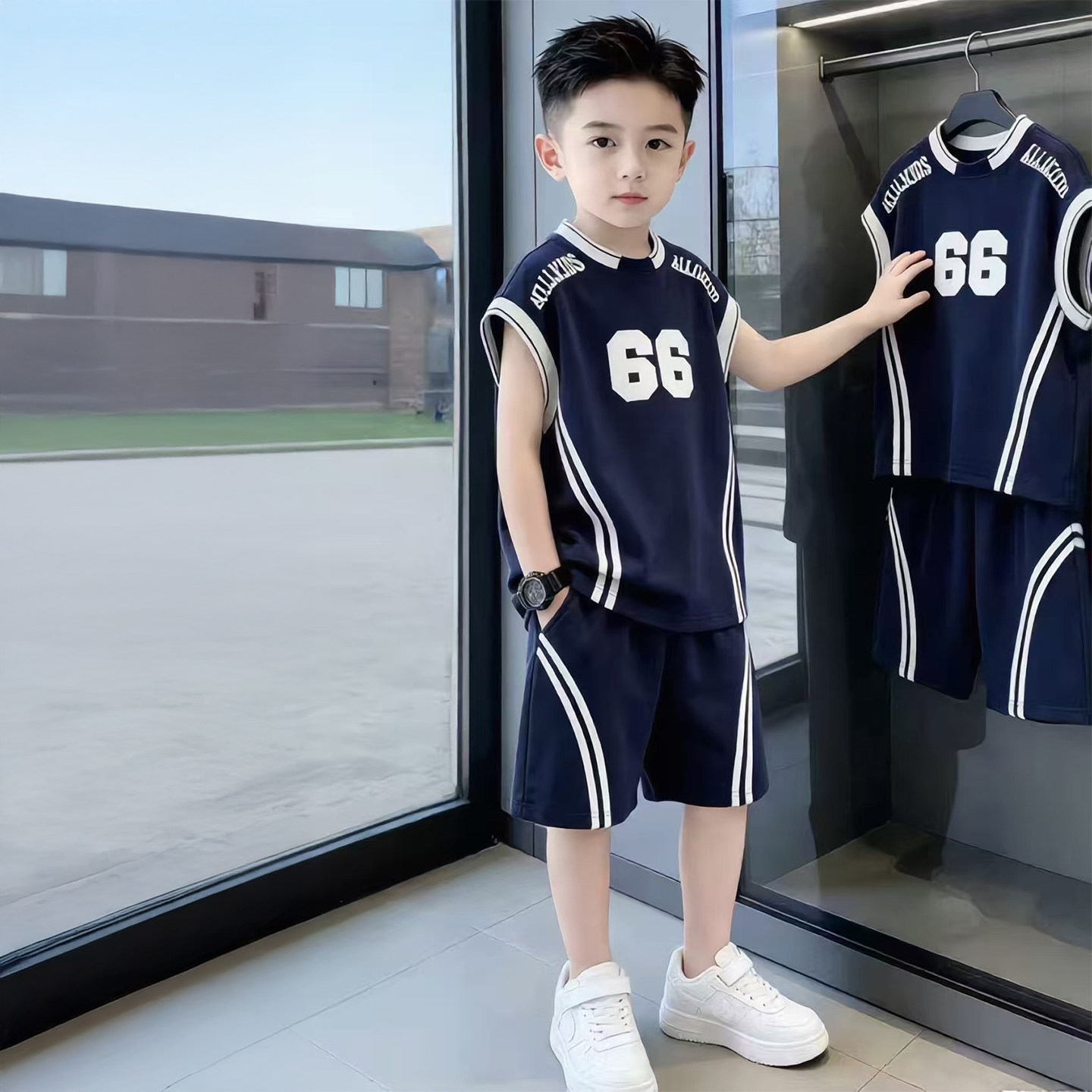 左西官方旗舰店男童夏装篮球服套装2026新款大童夏季运动酷帅气背