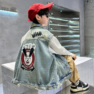 左西风云儿童装男童秋装马甲2026新款春秋中大童牛仔坎肩外套男孩