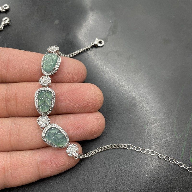 平价玉器镶嵌翡翠A货手链女款翠玉H蓝水玉手串葫芦手链树叶
