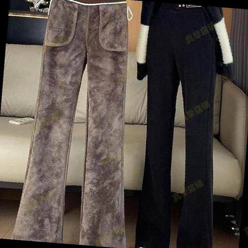 雪尼尔特厚羊羔绒女大码200斤冬季加绒加厚阔腿显瘦休闲喇叭裤子