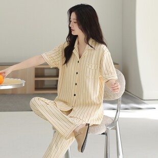 卡通甜美可爱简约休闲宽松家居服套装 长裤 圆领短袖 纯棉睡衣女夏季