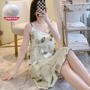 夏天带胸垫吊带裙性感女睡衣夏冰丝睡裙可爱卡通学生甜美家居服