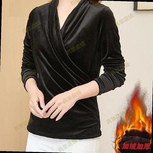 黑色V领金丝绒长袖T恤女加绒加厚修身收腰褶皱上衣保暖妈妈打底衫
