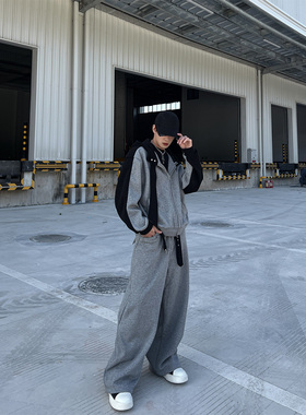 CLOTHESTRADER小众设计感撞色连帽加绒卫衣套装男女休闲阔腿裤潮
