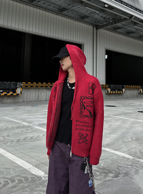 CLOTHESTRADER连帽拉链提花设计慵懒风针织毛衣男女秋冬季潮外套