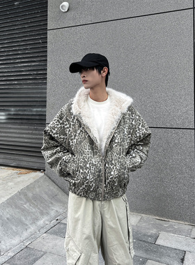 CLOTHESTRADER美式复古重磅豹纹毛领连帽棉服外套男女冬百搭保暖