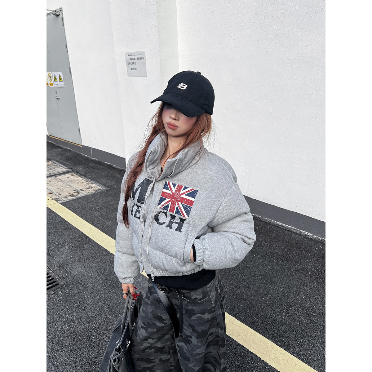 美式复古街头旗标印花短款棉服