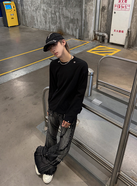 ClothesTrader纯棉内搭打底衫男宽松金属扣圆领黑色蝙蝠袖T恤长袖