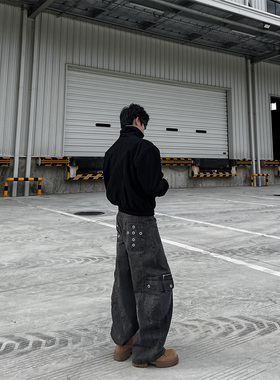 CLOTHESTRADER美式高街重磅铆钉口袋工装牛仔裤男宽松休闲弯刀裤