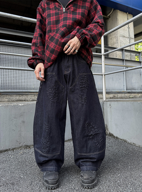 ClothesTrader 原牛3D脚印廓形弯刀牛仔裤男潮牌高级感休闲长裤