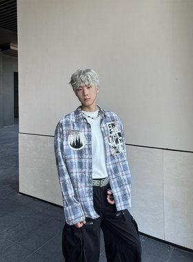 ClothesTrader小众设计感贴布刺绣扎染格子衬衫男潮慵懒休闲上衣