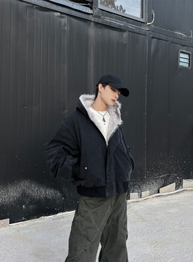 CLOTHESTRADER复古工装座山雕毛领连帽外套男女保暖毛绒双面穿潮