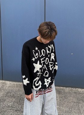 CLOTHESTRADER高级感植绒字母毛衣 星星元素慵懒风男生针织上衣