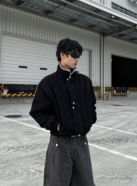 CLOTHESTRADER小众缉明线短宽廓形立领工装夹克秋冬加绒加厚男女