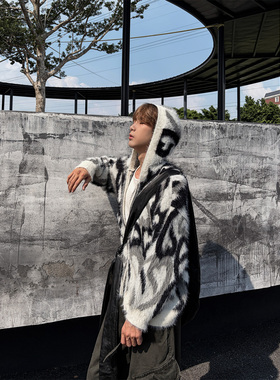 CLOTHESTRADER秋冬长绒质感连帽针织衫男抽象花纹宽松休闲外套潮